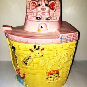 Vintage 1950s ‘Boat Cookie Jar’ Yellow Pink Animal Noahs Arc Retro Ceram…